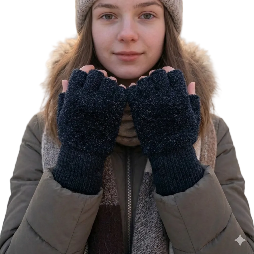Women's Wool Fingerless Gloves - 2 Pcs in Black
